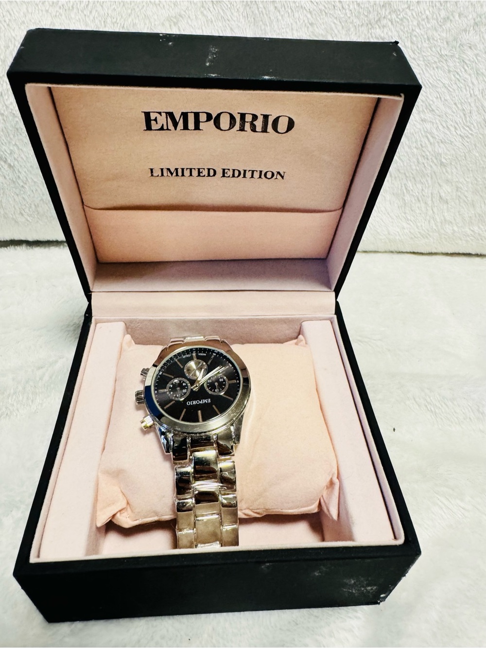 Emporio Armani Silver Chronograph Watch with Black Dial